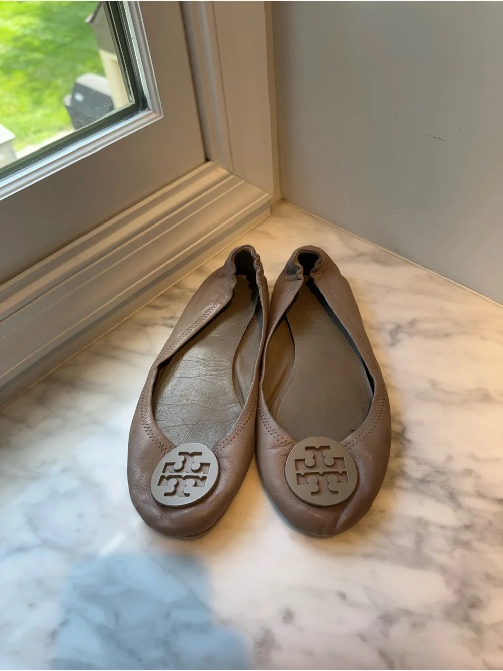 Tory Burch Brown Logo Leather Ballet Flats